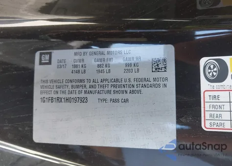 2017 Chevrolet Camaro 1Lt из США, поврежденный, VIN 1G1FB1RX1H0197923